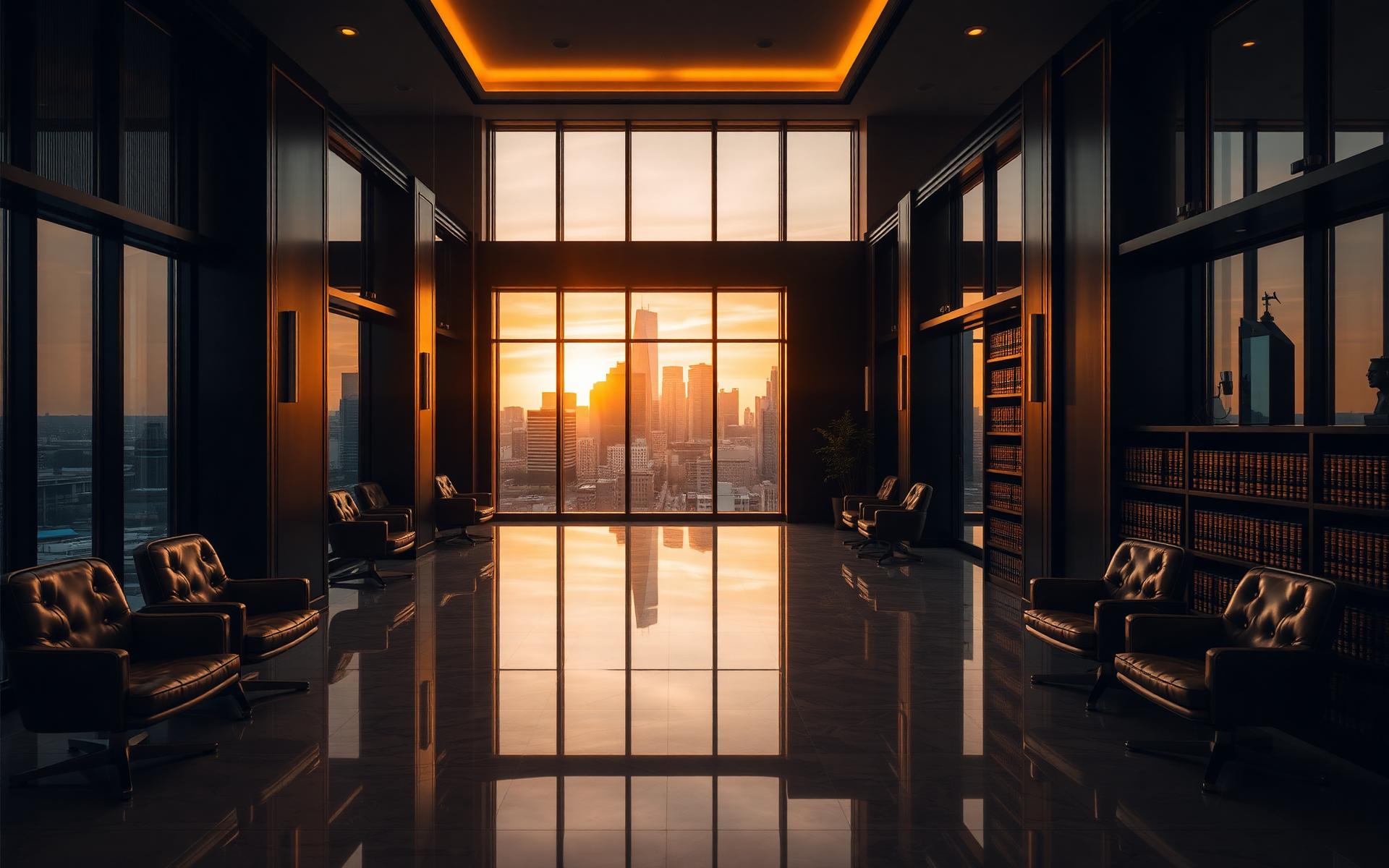 Modern Texas law firm interior at golden hour